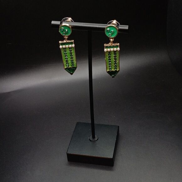 New Green Enamel Crystal Pencil Fashion Earrings Post New Womens - Picture 1 of 3